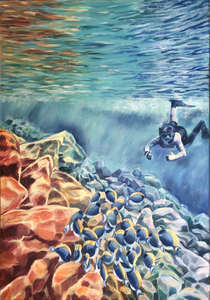 Oil painting of an underwater scene with a snorkeler giving a thumbs-up gesture near a coral reef. Bright blue and orange fish swim over colorful rocks, and sunlight filters through the rippling surface above. The image captures wonder, movement, and the immersive depth of the sea.
