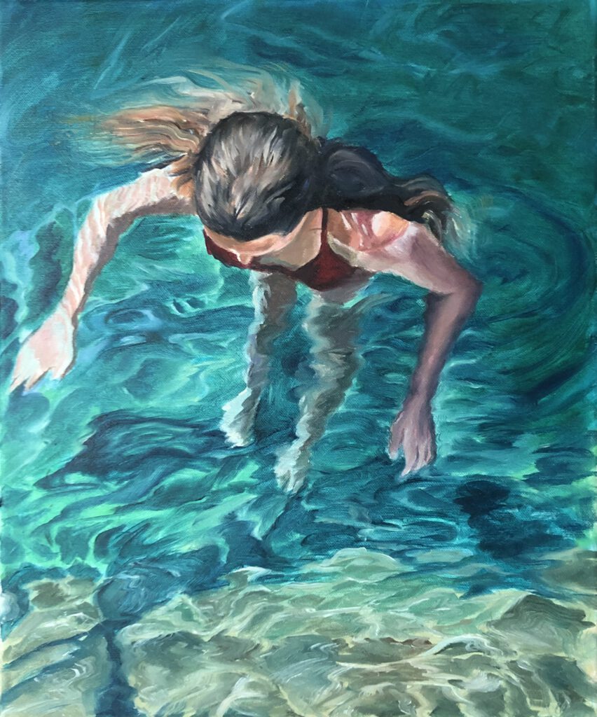 Oil painting of a woman partially submerged in clear, turquoise water, reaching her foot toward the sandy bottom. Seen from above, her body casts soft ripples. The image captures fragility, physical presence, and a sense of searching or grounding within fluidity.