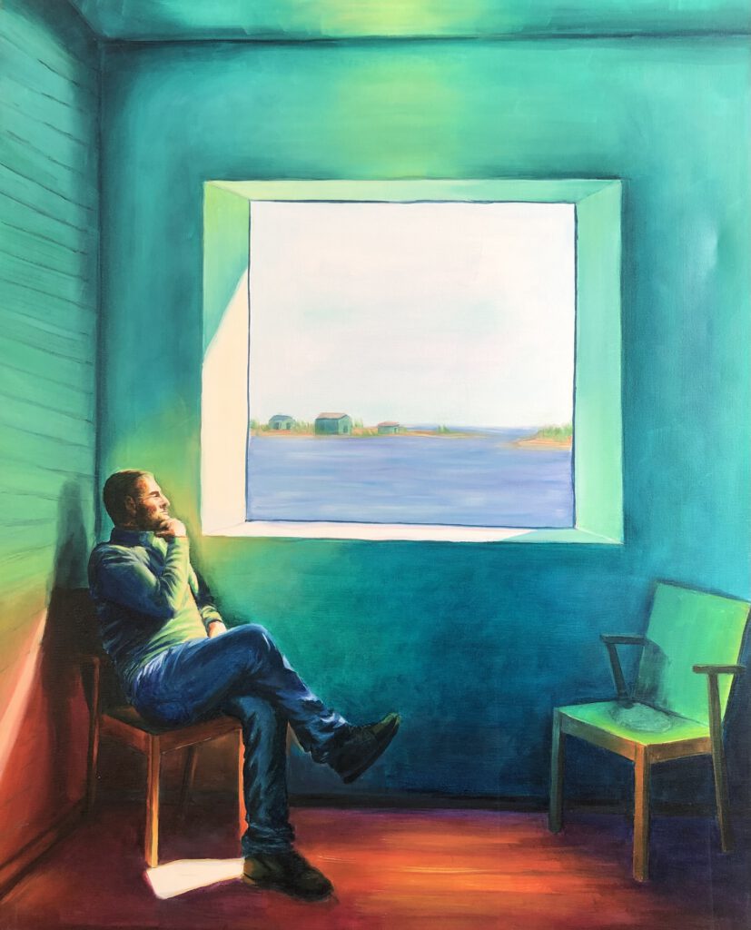Oil painting of a man sitting alone in a minimal, greenish-blue room, gazing through a large square window at a calm seascape with scattered houses on the horizon. The scene evokes stillness, contemplation, and quiet distance from the outside world.
