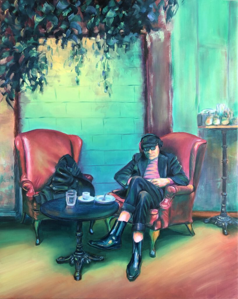 Contemporary oil painting of a man in dark clothing and sunglasses, seated in a red armchair next to a coffee table with cups and a glass of water. The setting appears to be a lounge or café, with dramatic lighting and overgrown plants above. The image conveys a sense of waiting, disconnection, and suspended reality.