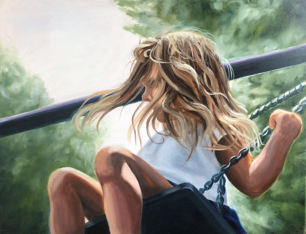 Oil painting of a young girl swinging outdoors, captured mid-motion with her hair blown by the wind. The background is blurred with green foliage, highlighting the physical intensity and fleeting nature of the moment. The scene evokes summer, movement, and childhood freedom.