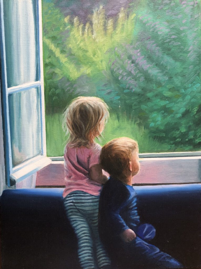 Oil painting of two small children standing on a windowsill and looking out into a lush, green garden after rainfall. The light outside is soft and humid, while the interior remains calm and intimate. The scene captures a sense of quiet observation, curiosity, and the freshness of a moment just after a storm.