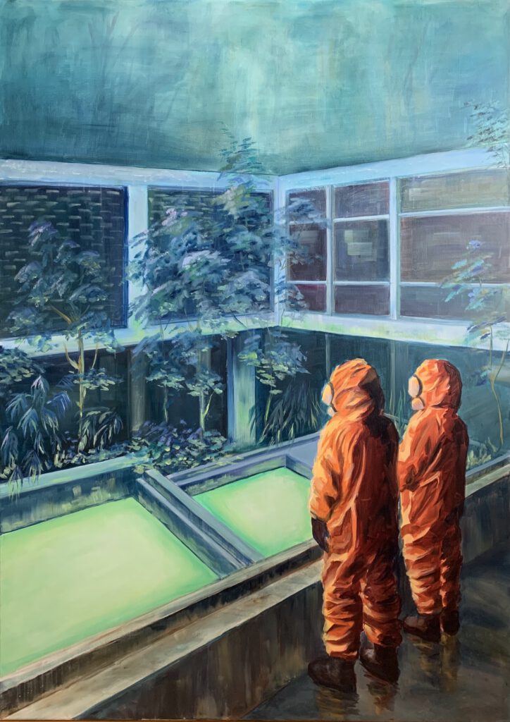 Oil painting of two figures in orange hazmat suits standing in a modernist indoor courtyard with green water tanks and overgrown plants. The architecture suggests an abandoned house or facility, now overtaken by nature. The image combines themes of contamination, observation, and environmental decay.