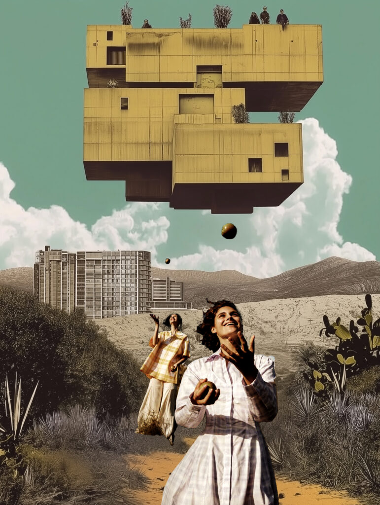 Two women in dresses juggle fruit on a path surrounded by plants, with a brutalist building floating in the sky behind them. The color palette is juicy, and the mood is surreal.