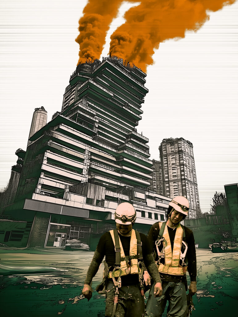 Two dirty workers in helmets and harnesses stand in front of a leaning skyscraper with orange smoke rising from its top. Other buildings and an industrial landscape appear in the background.