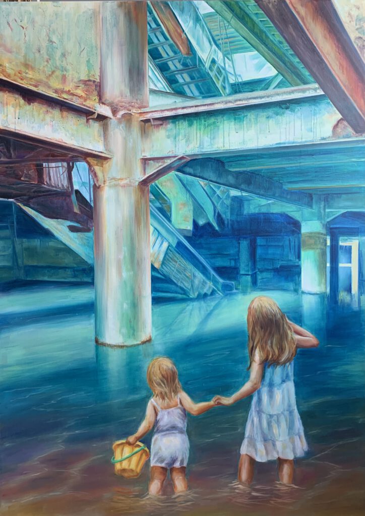 Contemporary oil painting showing two young girls standing in murky water inside a flooded, ruined building. One child holds a yellow toy bucket, while both face a darkened, decaying escalator structure. The scene contrasts childhood innocence with dystopian, decayed surroundings.