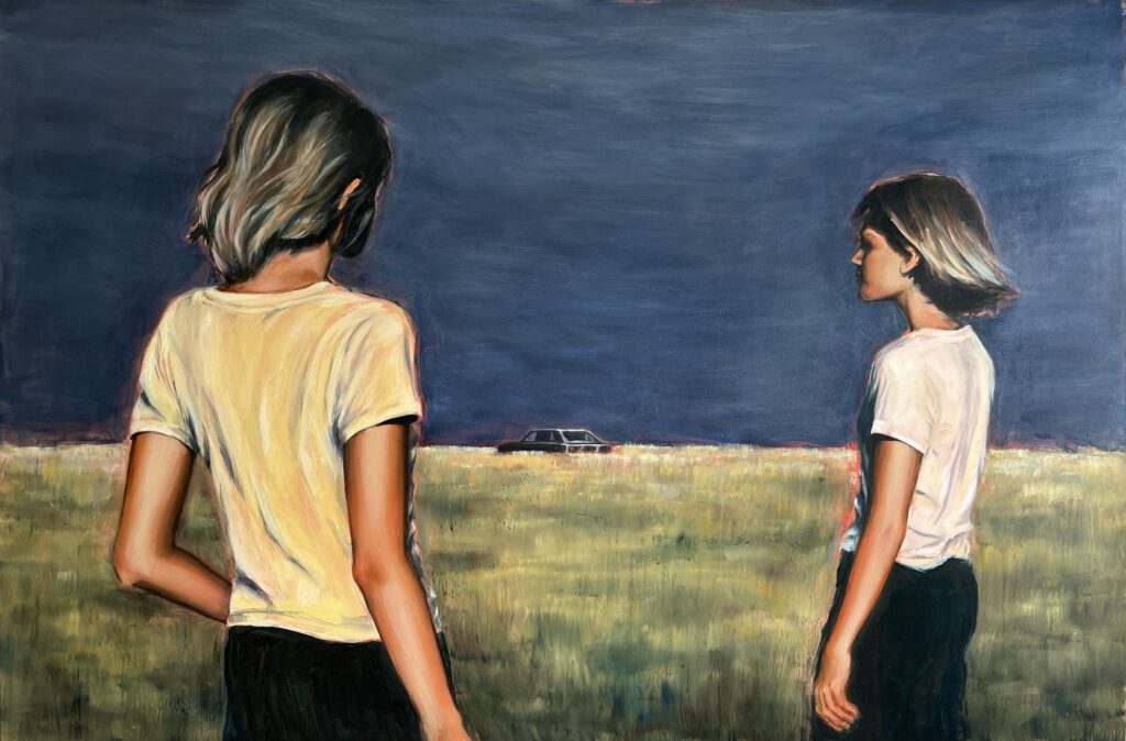 Oil painting showing two young women standing in a wide field under a dramatic, overcast sky. Both wear white t-shirts and face each other from a distance, watching a black car disappear toward the horizon. The scene is cinematic and emotionally charged, evoking themes of abandonment, emotional detachment, and the quiet residue of generational trauma.